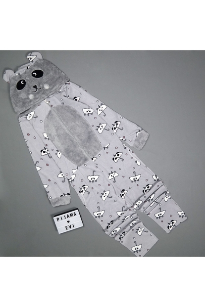 Gri Panda Desenli Kadın Polar Peluş Tulum Pijama Takımı - 2