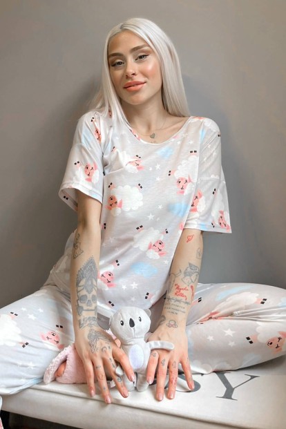 Gri Sheep Baskılı Kısa Kollu Kadın Pijama Takımı - Pijamaevi