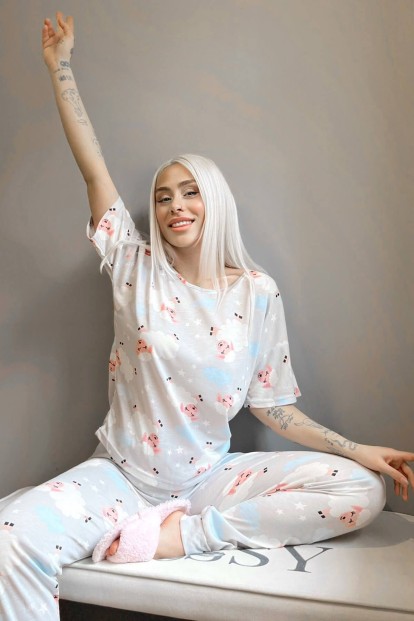 Gri Sheep Baskılı Kısa Kollu Kadın Pijama Takımı - 2
