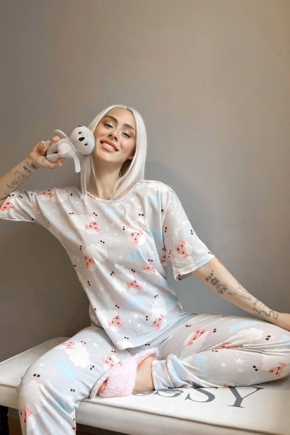 Gri Sheep Baskılı Kısa Kollu Kadın Pijama Takımı - 3