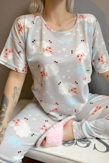 Gri Sheep Baskılı Kısa Kollu Kadın Pijama Takımı - 4