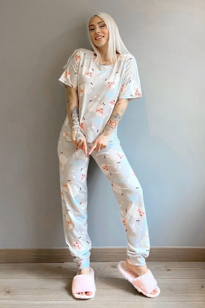 Gri Sheep Baskılı Kısa Kollu Kadın Pijama Takımı - 5