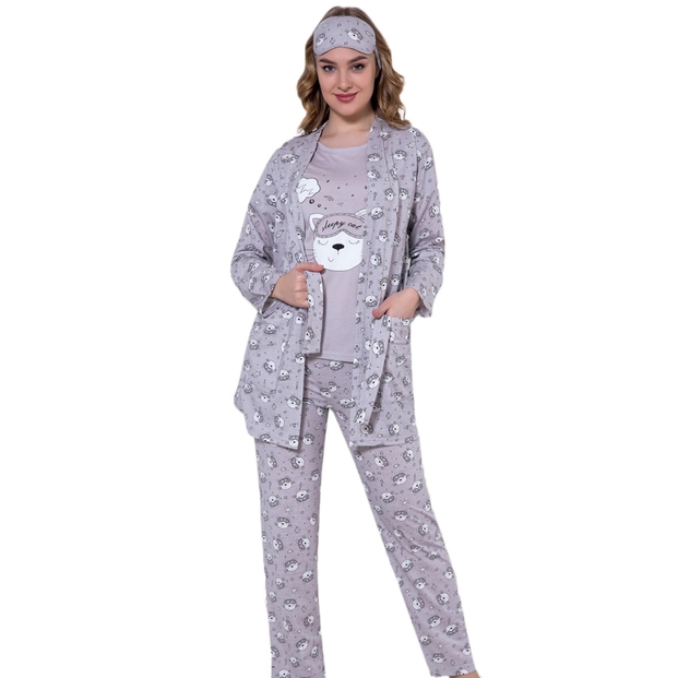 Gri Sleepy Cat Desenli Sabahlıklı Pijama Takımı - 1