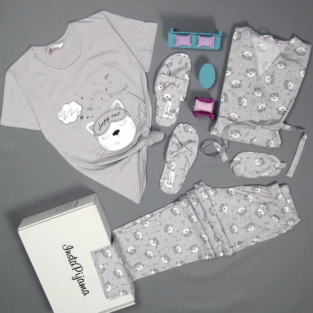 Gri Sleepy Cat Desenli Sabahlıklı Pijama Takımı - 2