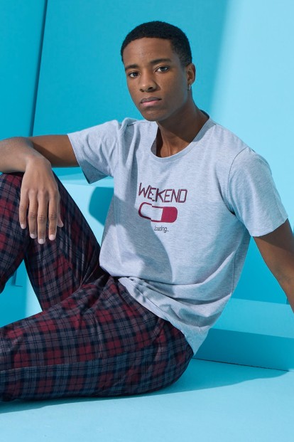 Gri Weekend Baskılı Kısa Kollu Erkek Pijama Takımı - 1