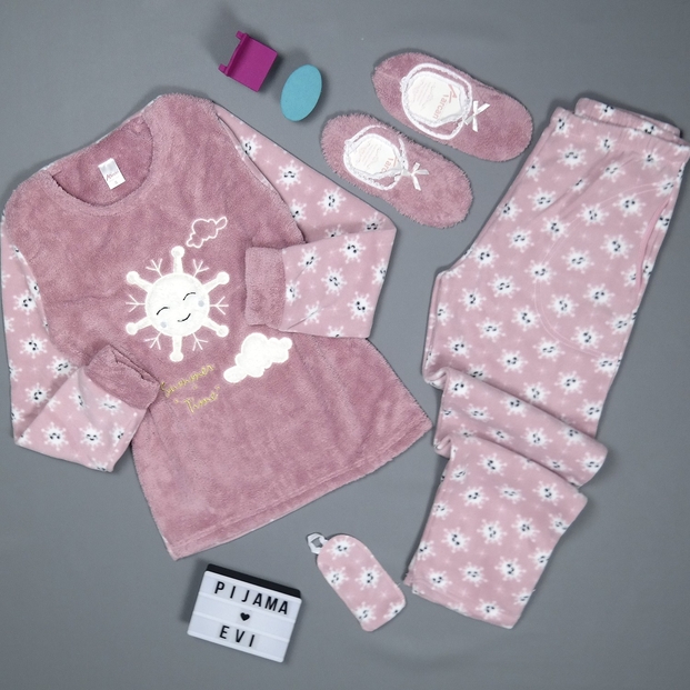 Güneş Bulut Desenli Kadın Peluş Pijama Takımı - 2