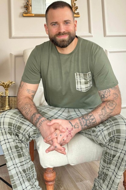 Haki Cep Detay Ekose Kısa Kollu Erkek Pijama Takımı - 1