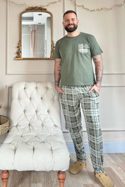 Haki Cep Detay Ekose Kısa Kollu Erkek Pijama Takımı - 6