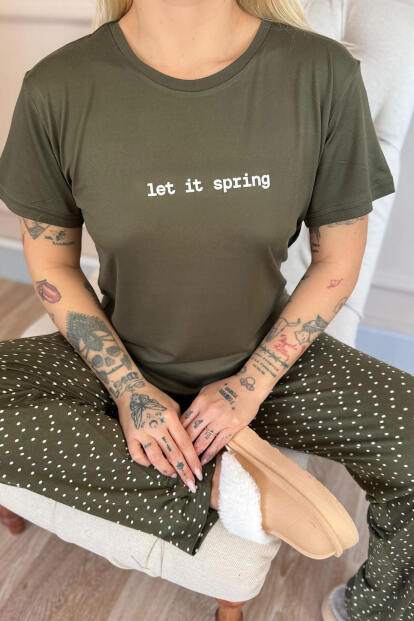 Haki Let It Spring Desenli Bambu Kısa Kol Kadın Pijama Takımı - 5