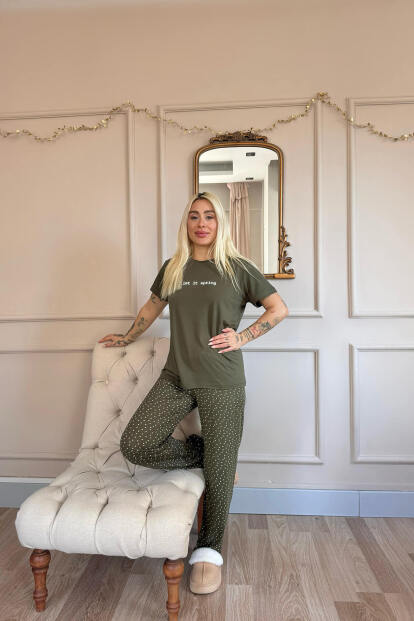 Haki Let It Spring Desenli Bambu Kısa Kol Kadın Pijama Takımı - 6