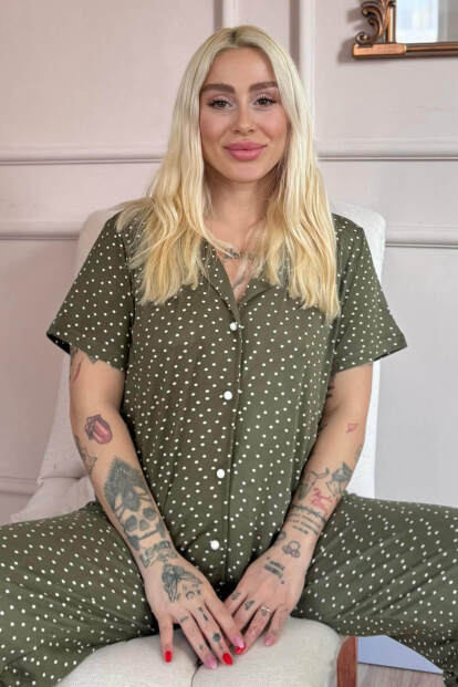 Haki Royal Dots Desenli Bambu Önden Düğmeli Kısa Kol Pijama Takımı - 1