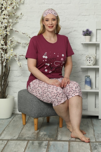 Happy Spring Desenli Kısa Kollu Kaprili Büyük Beden Battal Pijama Takımı - 1