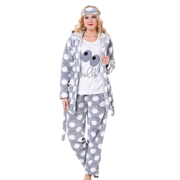 Hello Desenli Bayan Pelüş Sabahlıklı Pijama Takımı - 1