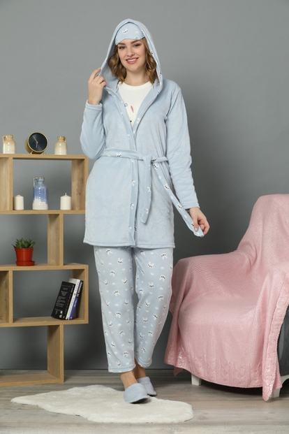 Hello Rabbit Desenli Sabahlıklı Peluş Pijama Takımı - 1