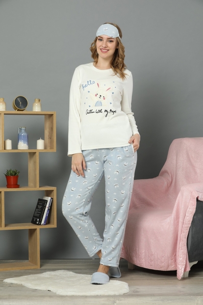 Hello Rabbit Desenli Sabahlıklı Peluş Pijama Takımı - 2