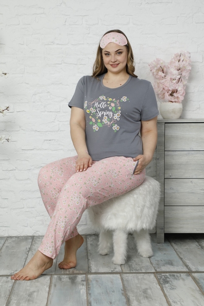 Hello Spring Desenli Kısa Kollu Büyük Beden Battal Pijama Takımı - 1