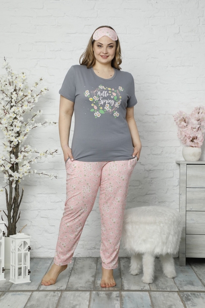 Hello Spring Desenli Kısa Kollu Büyük Beden Battal Pijama Takımı - 2