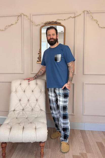 Indigo Siyah Ekose Cep Detay Kısa Kollu Erkek Pijama Takımı - 6