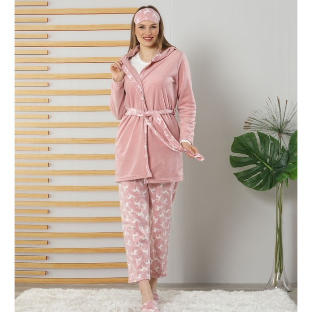 Just Call Me Desenli Sabahlıklı Peluş Pijama Takımı - 2