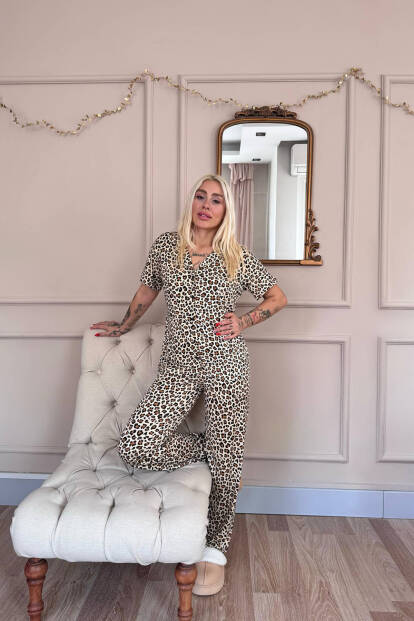 Kahve Leo Desenli Bambu Önden Düğmeli Kısa Kol Pijama Takımı - 6
