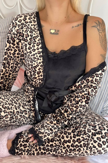 Kahve Lonza Exclusive Kadife Sabahlıklı Kadın Pijama Takımı  - 4