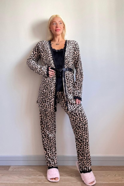 Kahve Lonza Exclusive Kadife Sabahlıklı Kadın Pijama Takımı  - 5