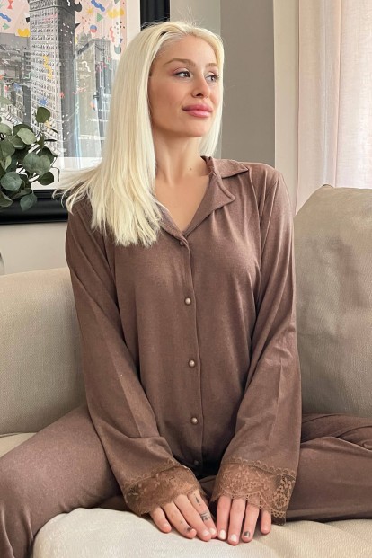 Kahverengi Önden Düğmeli Bambu Uzun Kol Pijama Takımı - Pijamaevi