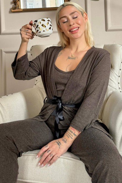 Kahverengi Sabahlıklı Bambu Kadın Pijama Takımı 