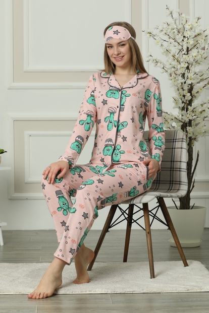 Kaktüs Desenli Önden Düğmeli Uzun Kollu Pijama Takımı - 1