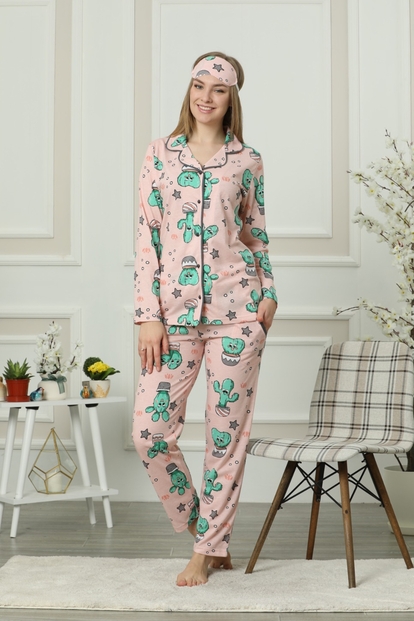 Kaktüs Desenli Önden Düğmeli Uzun Kollu Pijama Takımı - 2