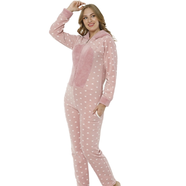 Kalp Desenli Kadın Polar Peluş Tulum Pijama Takımı - 1
