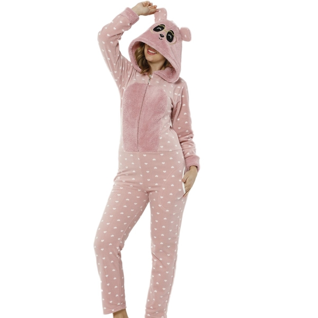 Kalp Desenli Kadın Polar Peluş Tulum Pijama Takımı - 2