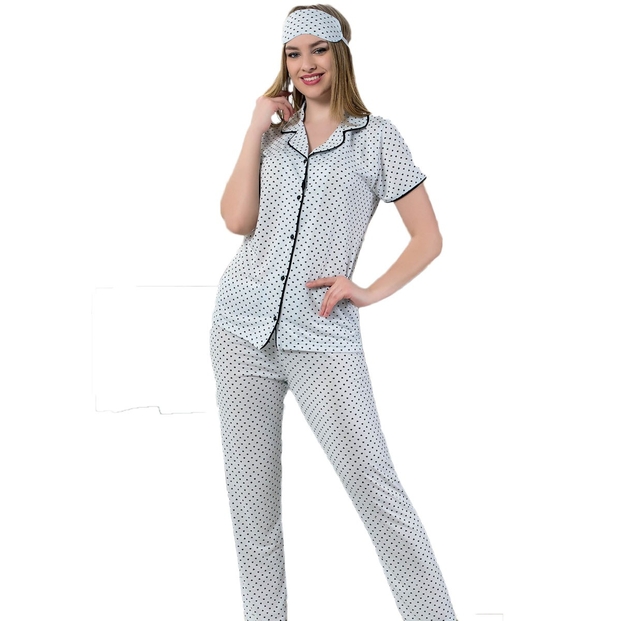 Kalp Desenli Saten Viskon Önden Düğmeli Kısa Kollu Pijama Takımı - 1