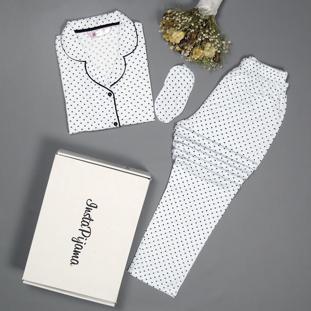 Kalp Desenli Saten Viskon Önden Düğmeli Kısa Kollu Pijama Takımı - 2