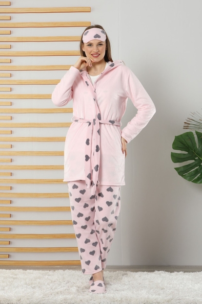 Kalp Kedi Desenli Sabahlıklı Peluş Pijama Takımı - 1