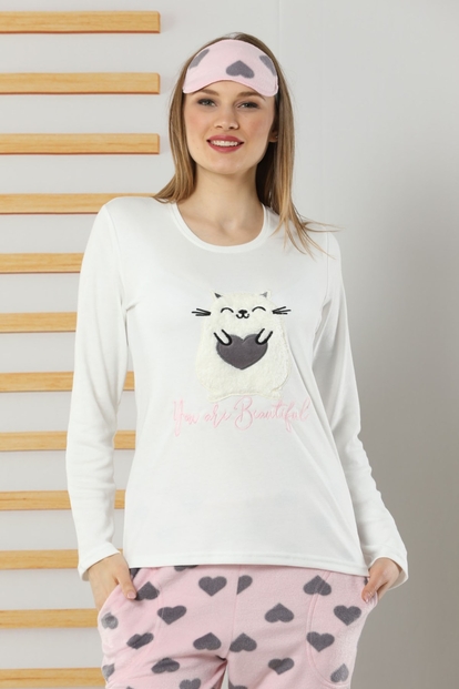 Kalp Kedi Desenli Sabahlıklı Peluş Pijama Takımı - 2