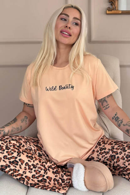 Karamel Wild Beauty Desenli Kısa Kollu Örme Kadın Pijama Takımı 