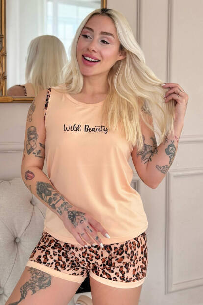 Karamel Wild Beauty Desenli Sıfır Kol Şortlu Örme Kadın Pijama Takımı 