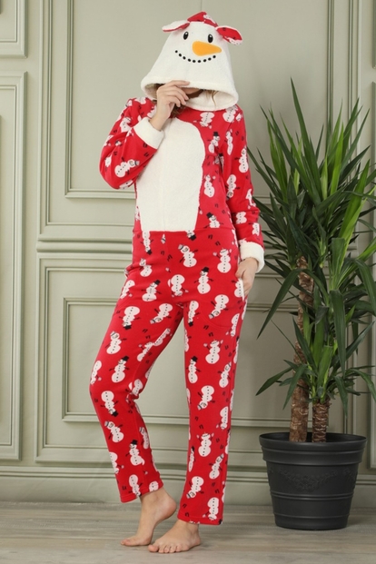 Kardan Adam Desenli Kadın Polar Peluş Tulum Pijama Takımı - 2