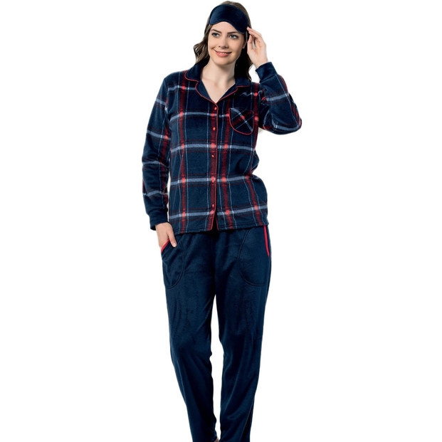 Kareli Kadın Önden Düğmeli Yumoş Peluş Pijama Takımı - 1