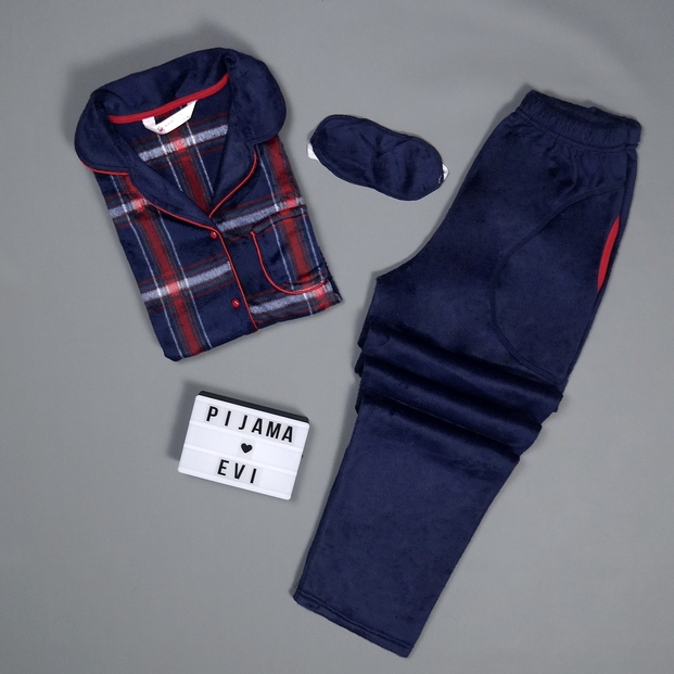 Kareli Kadın Önden Düğmeli Yumoş Peluş Pijama Takımı - 2