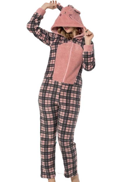 Kareli Kadın Polar Peluş Tulum Pijama Takımı - 1