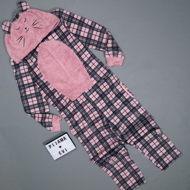Kareli Kadın Polar Peluş Tulum Pijama Takımı - 2