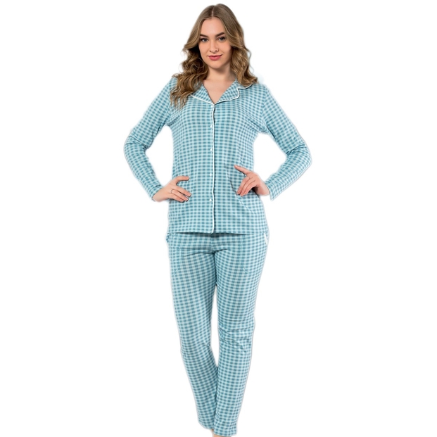 Kareli Pamuklu Önden Düğmeli Pijama Takımı - 1