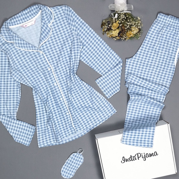 Kareli Pamuklu Önden Düğmeli Pijama Takımı - 2