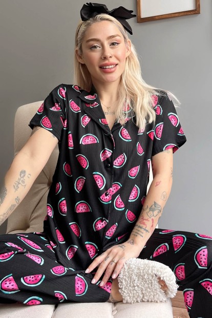 Karpuz Desenli Örme Önden Düğmeli Kısa Kol Kadın Pijama - Pijamaevi