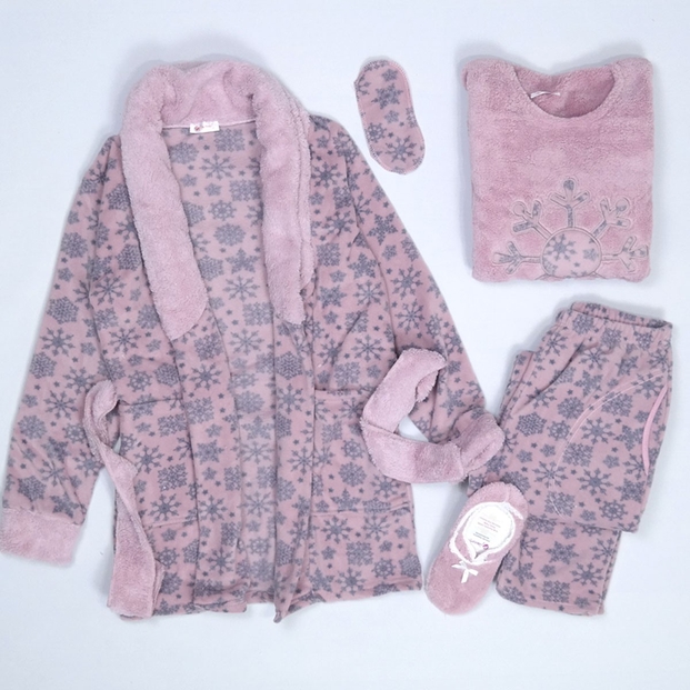 Kartanesi Desenli Bayan Sabahlıklı Peluş Pijama Takımı - 1