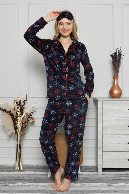 Kartanesi Desenli Peluş Önden Düğmeli Uzun Kollu Pijama Takımı - 1