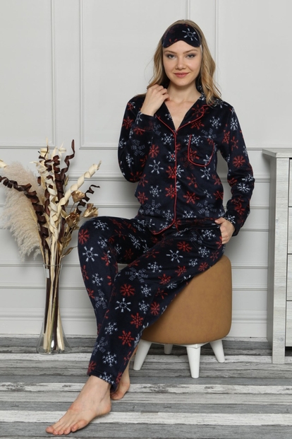 Kartanesi Desenli Peluş Önden Düğmeli Uzun Kollu Pijama Takımı - 2