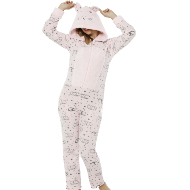 Kedi Desenli Kadın Polar Peluş Tulum Pijama Takımı - 1